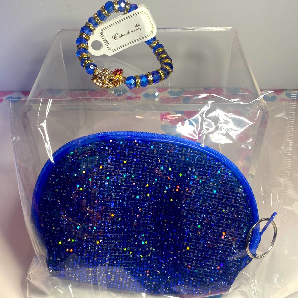 CHLOE ACCESSORY HELLO KITTY STRETCH BRACELET BLUE PURSE SET NEW